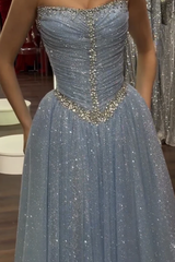 Dazzling Blue Strapless Sleeveless Prom Dresses A-Line Gem With Pleats