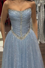 Dazzling Blue Strapless Sleeveless Prom Dresses A-Line Gem With Pleats