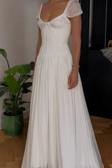 Elegant White Short Sleeves Chiffon Prom Dresses Backless With Lace-Up Back