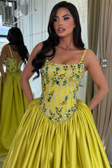 Charming Spaghetti-Straps Sleeveless Satin Prom Dresses A-Line Gem With Lace-Up Back