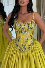 Charming Spaghetti-Straps Sleeveless Satin Prom Dresses A-Line Gem With Lace-Up Back