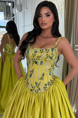 Charming Spaghetti-Straps Sleeveless Satin Prom Dresses A-Line Gem With Lace-Up Back