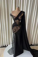 Romantic Black One Shoulder Lace Mermaid Prom Dresses Floor Length With Beads