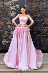 Glamorous Pink Strapless Sleeveless Satin Prom Dresses A-Line With Pleats Flower