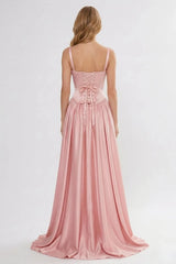 Timeless Dusty Rose Spaghetti-Straps Sweetheart Sleeveless Satin Prom Dresses Floor Length With Lace-Up Back
