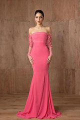 Charming Off The Shoulder Long Sleeves Mermaid Satin Floor Length Prom Dresses