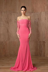 Charming Off The Shoulder Long Sleeves Mermaid Satin Floor Length Prom Dresses