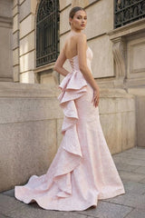 Elegant Pink Strapless Sleeveless Mermaid Prom Dresses Side Split With Lace-Up Back