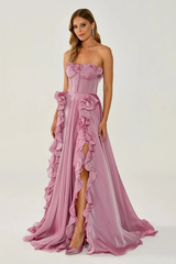 Charming Strapless Sleeveless A-Line Prom Dresses High Split With Lace-Up Back