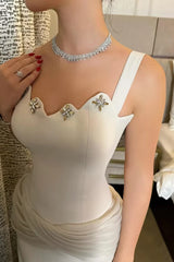 Graceful Straps Sleeveless Mermaid Satin Prom Dresses Gem Floor Length With Pleats