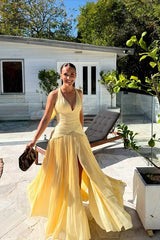 Dazzling Yellow V-Neck Halter Sleeveless Prom Dresses Backless With High Split