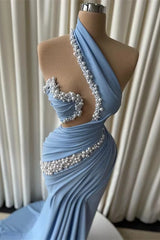 Charming Dusty Blue Asymmetrical Sleeveless Mermaid Satin Prom Dresses Pearls With Pleats