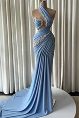 Charming Dusty Blue Asymmetrical Sleeveless Mermaid Satin Prom Dresses Pearls With Pleats
