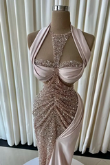 Dazzling Halter Sleeveless Sweetheart Satin Mermaid Prom Dresses Floor Length With Beads