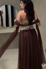 Charming Brown Sweetheart Strapless Sleeveless Chiffon Prom Dresses Gem With Lace-Up Back