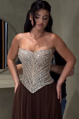 Charming Brown Sweetheart Strapless Sleeveless Chiffon Prom Dresses Gem With Lace-Up Back