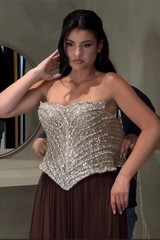 Charming Brown Sweetheart Strapless Sleeveless Chiffon Prom Dresses Gem With Lace-Up Back