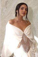 Graceful Off The Shoulder Long Sleeves Satin Lace Prom Dresses Floor Length With Pleats