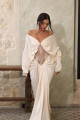 Graceful Off The Shoulder Long Sleeves Satin Lace Prom Dresses Floor Length With Pleats