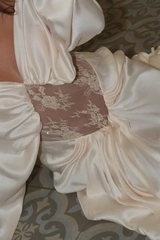 Graceful Off The Shoulder Long Sleeves Satin Lace Prom Dresses Floor Length With Pleats
