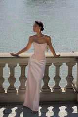 Timeless Pink Strapless Sleeveless Satin Mermaid Prom Dresses Floor Length With Lace-Up Back