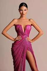 Charming Fuchsia Strapless Sleeveless Mermaid Prom Dresses High Split With Lace-Up Back