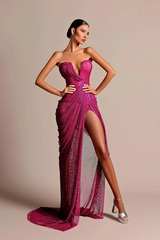 Charming Fuchsia Strapless Sleeveless Mermaid Prom Dresses High Split With Lace-Up Back