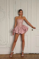Graceful Dusty Pink Strapless Sleeveless Homecoming Dresses Mini With Lace-Up Back