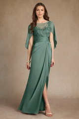 Luxury Dusty Sage Short Sleeves Satin Prom Dresses High Split With Zipper Pleats