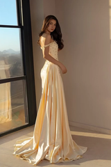Charming Champagne Off The Shoulder Satin Mermaid Prom Dresses Sheath Gem With Pleats