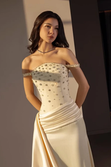 Charming Champagne Off The Shoulder Satin Mermaid Prom Dresses Sheath Gem With Pleats