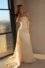 Charming Champagne Off The Shoulder Satin Mermaid Prom Dresses Sheath Gem With Pleats