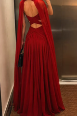 Romantic Burgundy Halter Sleeveless Chiffon Prom Dresses Floor Length With Pleats