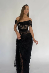 Glamorous Black Off The Shoulder Lace Mermaid Prom Dresses Sheath With Pleats