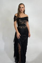 Glamorous Black Off The Shoulder Lace Mermaid Prom Dresses Sheath With Pleats