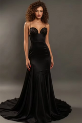 Timeless Black Spaghetti-Straps Sleeveless Mermaid Satin Prom Dresses Beads With Zipper