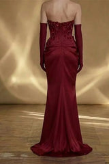 Romantic Dark Red Strapless Mermaid Satin Prom Dresses Floor Length Beads With Zipper Gloves