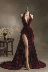 Charming V-Neck Sleeveless Velvet Prom Dresses Side Split With Pleats