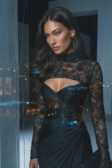 Elegant Black Long Sleeves Satin Lace Mermaid Prom Dresses Sheath With Pleats
