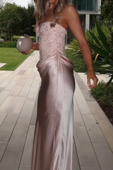 Graceful Dusty Pink Sweetheart Strapless Sleeveless Satin Prom Dresses Column With Lace-Up Back