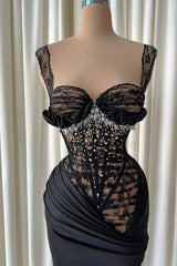 Romantic Black Straps Sweetheart Sleeveless Mermaid Lace Satin Prom Dresses Pearls With Pleats