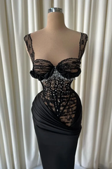Romantic Black Straps Sweetheart Sleeveless Mermaid Lace Satin Prom Dresses Pearls With Pleats