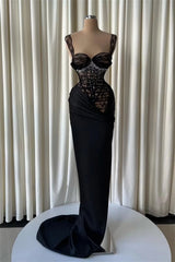 Romantic Black Straps Sweetheart Sleeveless Mermaid Lace Satin Prom Dresses Pearls With Pleats