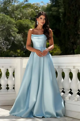 Glamorous Sky Blue Strapless Sleeveless Satin A-Line Prom Dresses Floor Length With Lace-Up Back