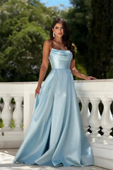 Glamorous Sky Blue Strapless Sleeveless Satin A-Line Prom Dresses Floor Length With Lace-Up Back