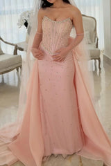 Dazzling Dusty Rose Strapless Sleeveless Mermaid Prom Dresses Gem Sheath With Lace-Up Back