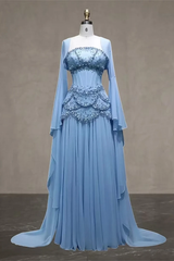 Timeless Blue Long Sleeves Chiffon Prom Dresses Floor Length With Beading Pleats
