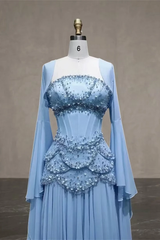 Timeless Blue Long Sleeves Chiffon Prom Dresses Floor Length With Beading Pleats