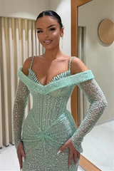 Elegant Mint Green Long Sleeves Spaghetti-Straps Mermaid Prom Dresses Column With Pleats
