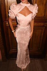 Timeless Dusty Rose Short Sleeves Mermaid Prom Dresses Floor Length With Zipper